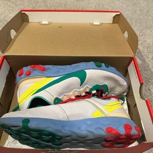 Nike React Element 55 Sneakers in White, Green, Carolina Blue and Red